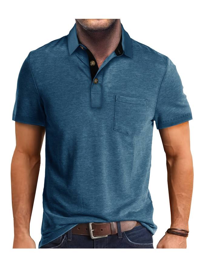 "Polo casual homme beige avec poche poitrine, élégant et confortable, pour un look moderne et raffiné."