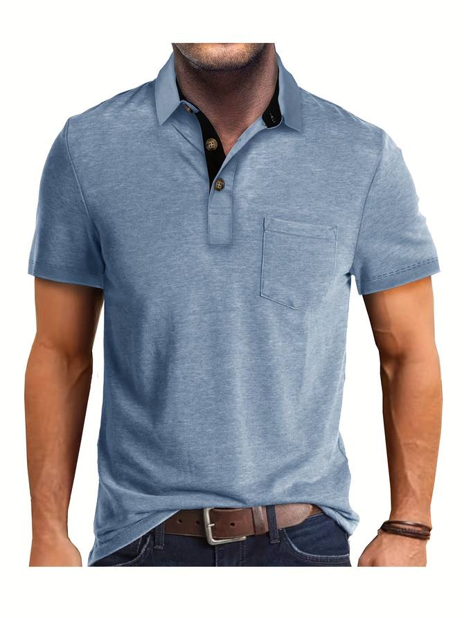 "Polo casual homme beige avec poche poitrine, élégant et confortable, pour un look moderne et raffiné."