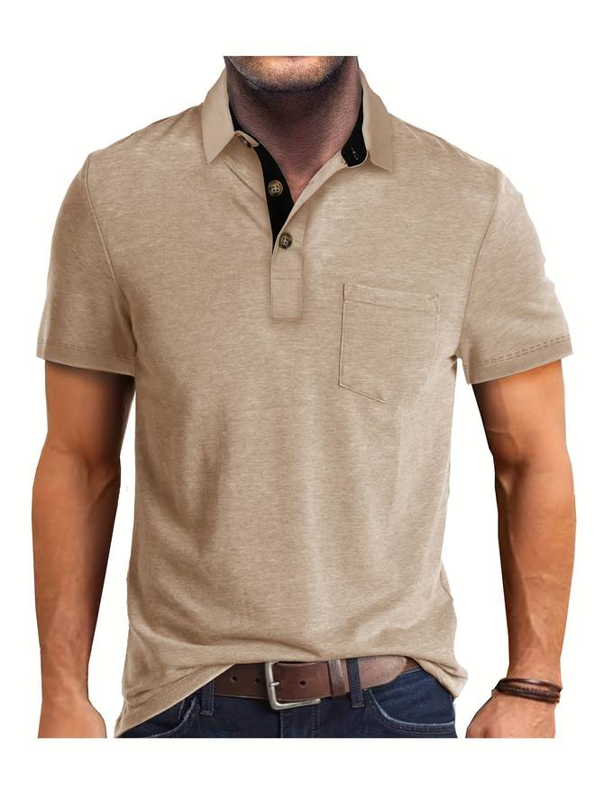 "Polo casual homme beige avec poche poitrine, élégant et confortable, pour un look moderne et raffiné."