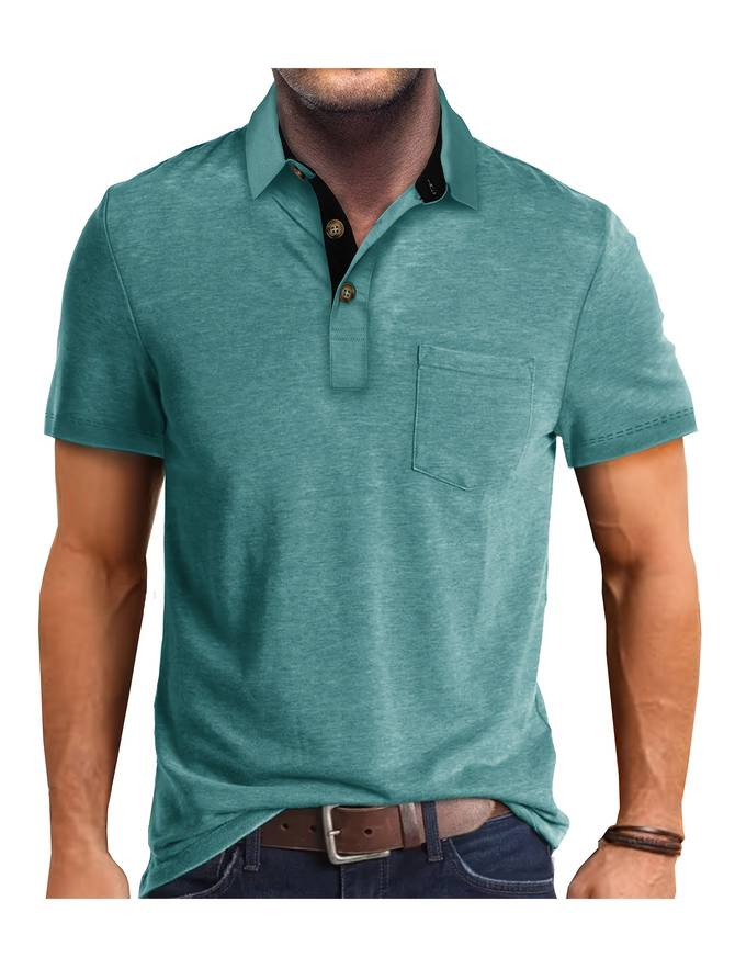 "Polo casual homme beige avec poche poitrine, élégant et confortable, pour un look moderne et raffiné."