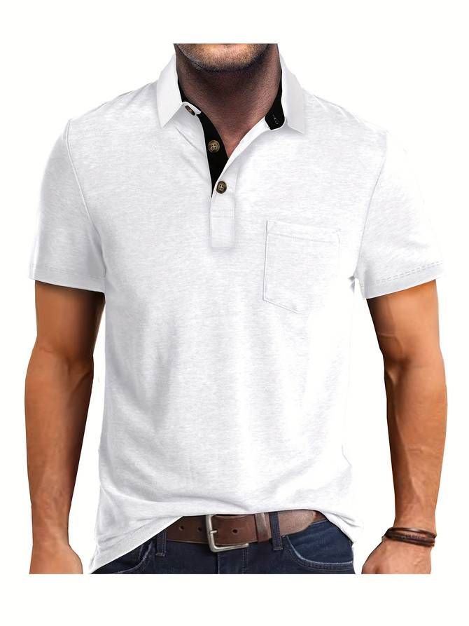 "Polo casual homme beige avec poche poitrine, élégant et confortable, pour un look moderne et raffiné."
