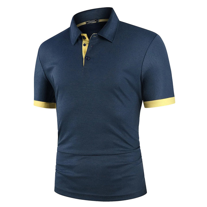 Polo classique d'été pour homme, élégant, avec tissu respirant bleu marine, idéal pour les journées chaudes et confortables.