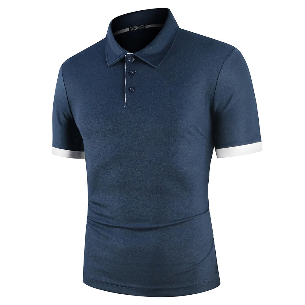 Polo classique d'été pour homme, élégant, avec tissu respirant bleu marine, idéal pour les journées chaudes et confortables.