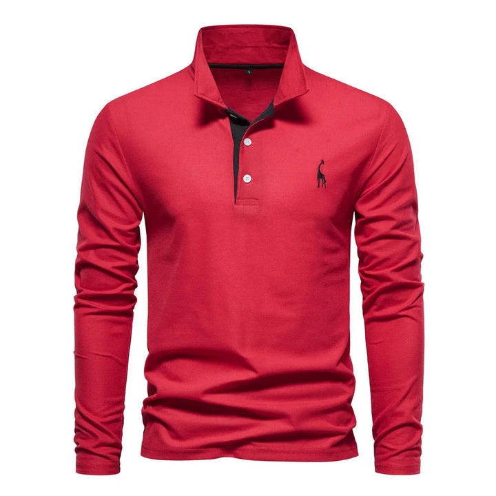 "Polo homme élégant à manches longues, couleur unie, douce et respirante, avec broderie discrète de cerf pour un style raffin