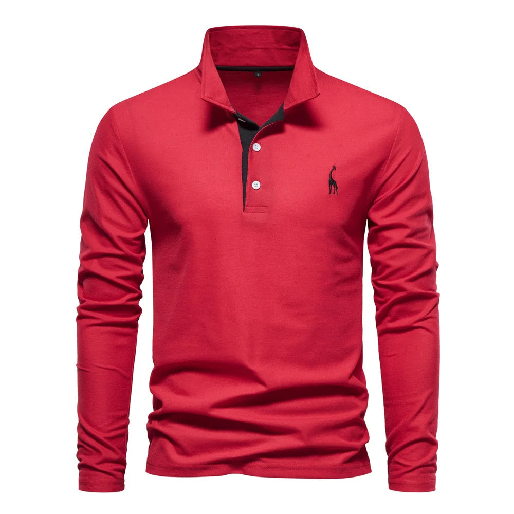 "Polo homme élégant à manches longues, couleur unie, douce et respirante, avec broderie discrète de cerf pour un style raffin