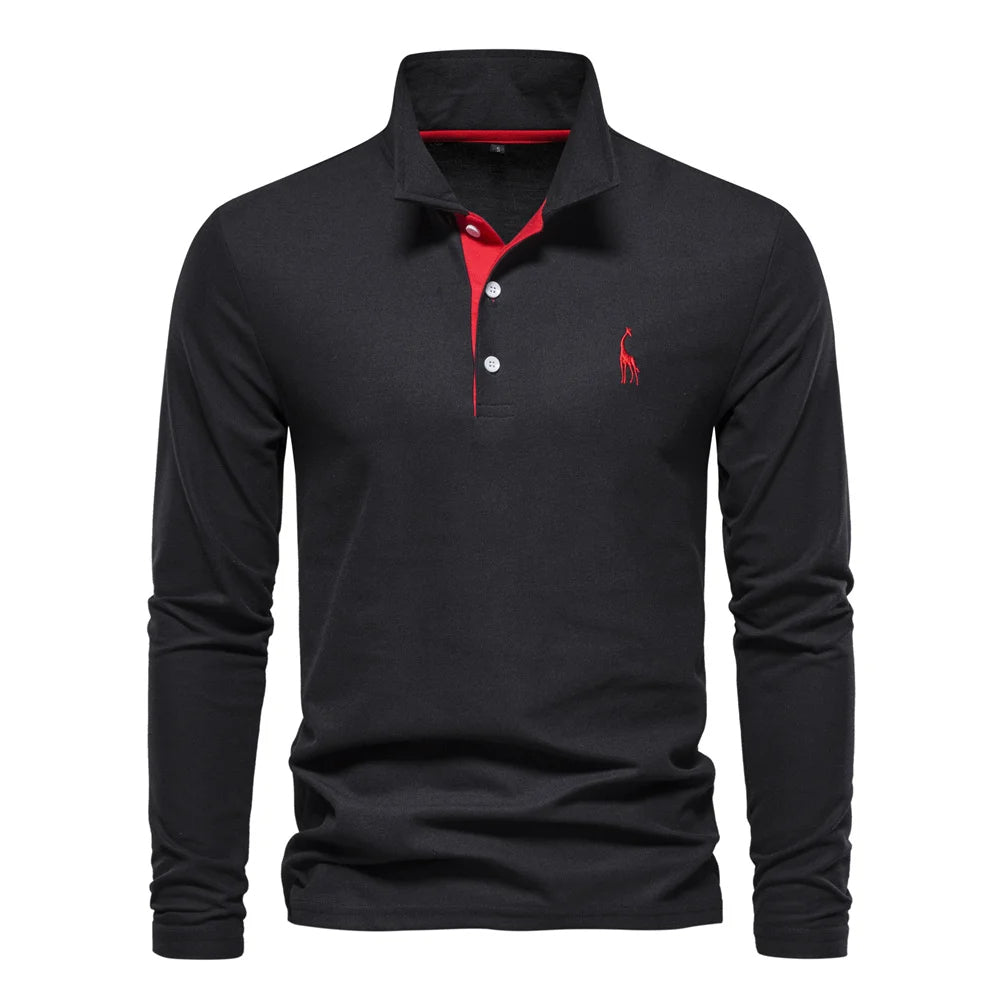 "Polo homme élégant à manches longues, couleur unie, douce et respirante, avec broderie discrète de cerf pour un style raffin