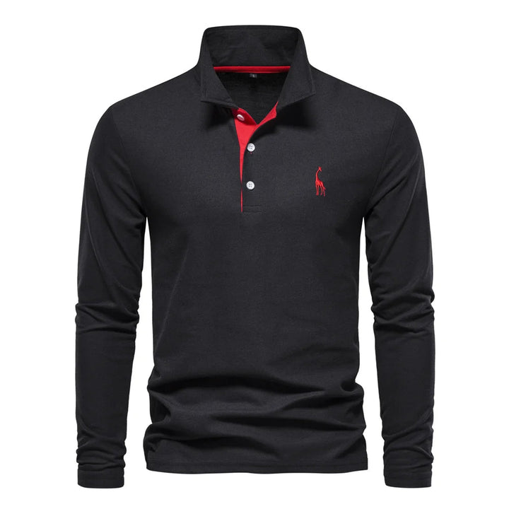"Polo homme élégant à manches longues, couleur unie, douce et respirante, avec broderie discrète de cerf pour un style raffin