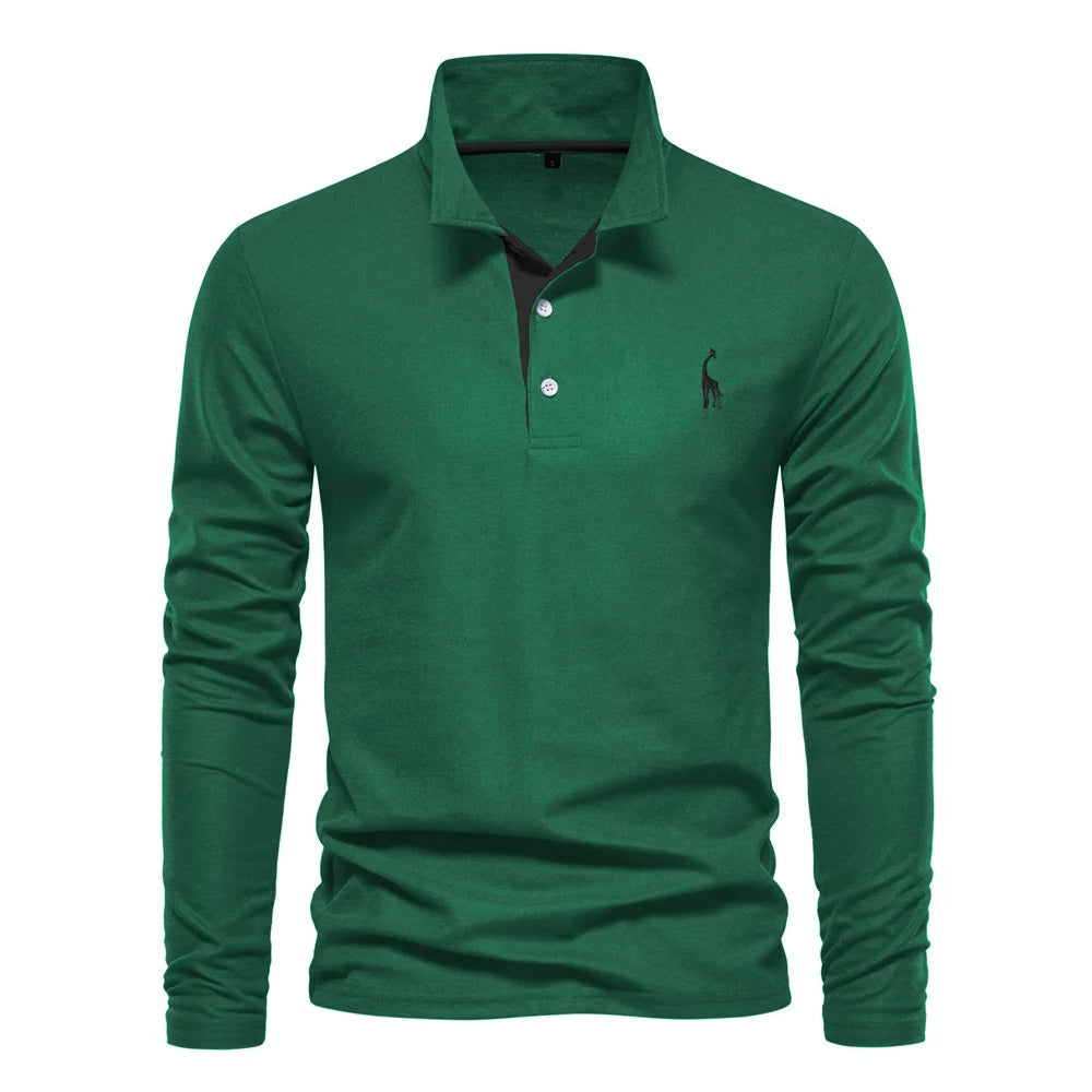 "Polo homme élégant à manches longues, couleur unie, douce et respirante, avec broderie discrète de cerf pour un style raffin