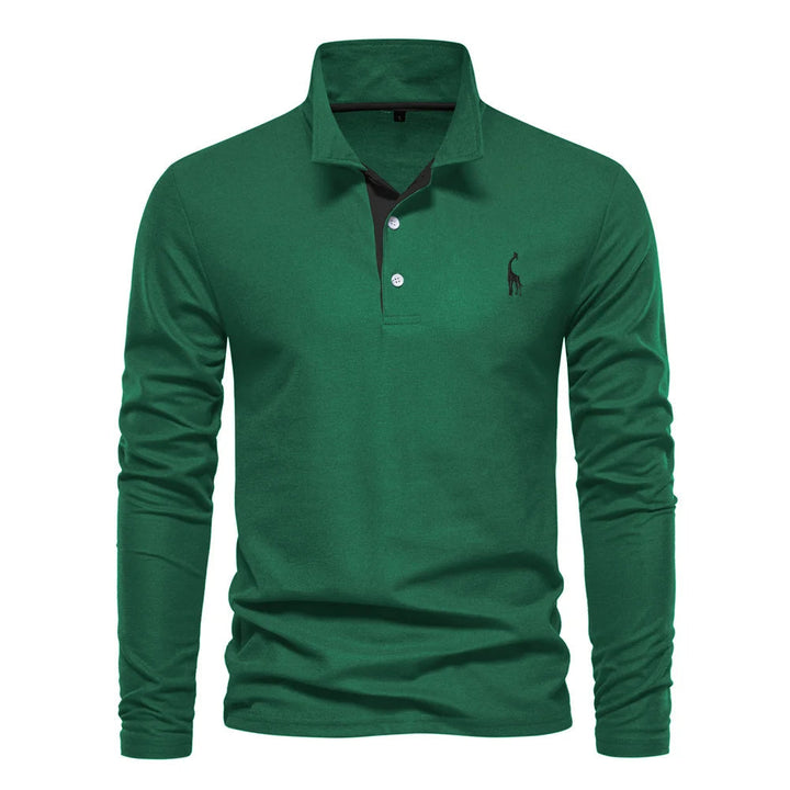 "Polo homme élégant à manches longues, couleur unie, douce et respirante, avec broderie discrète de cerf pour un style raffin