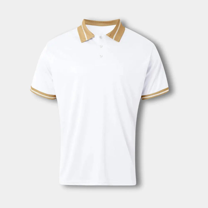 "Polo homme manches courtes col contrasté, design élégant, idéal pour un style casual chic estival."