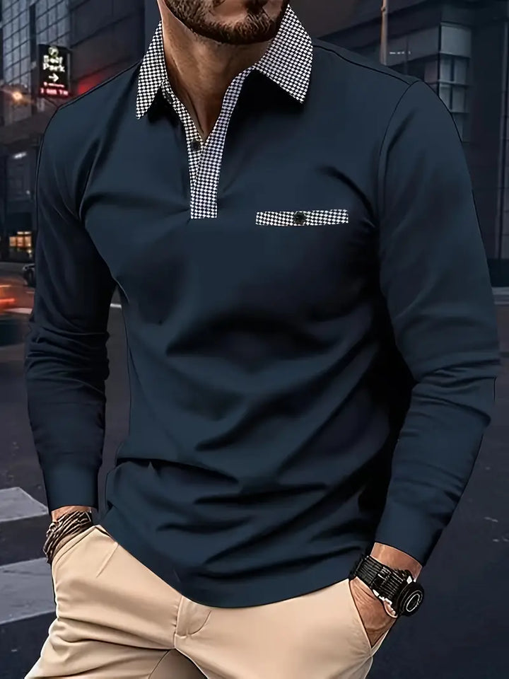 Poloshirt homme manches longues bleu marine, style classique, col polo élégant, idéal pour mi-saison et confort optimal.