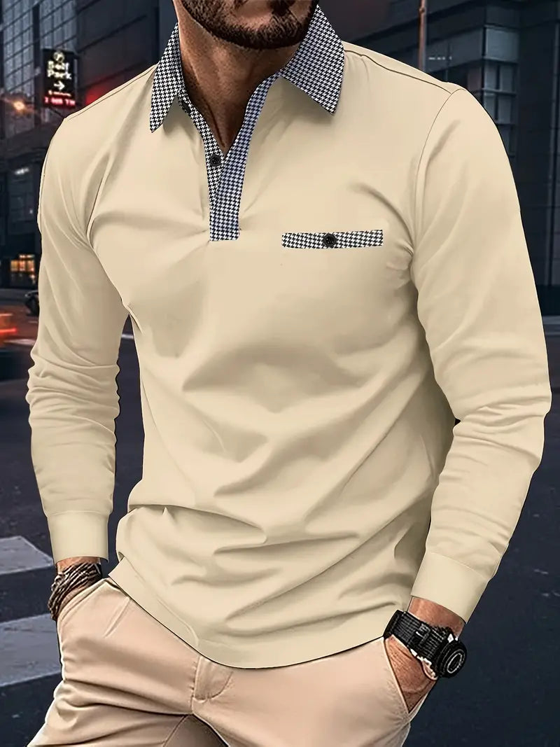 Poloshirt homme manches longues bleu marine, style classique, col polo élégant, idéal pour mi-saison et confort optimal.