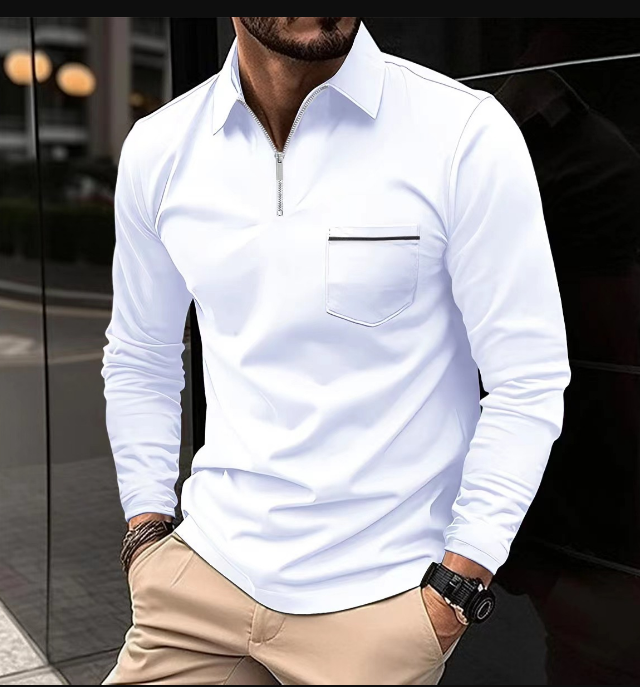 Poloshirt homme manches longues bleu marine, style classique, col polo élégant, idéal pour mi-saison et confort optimal.