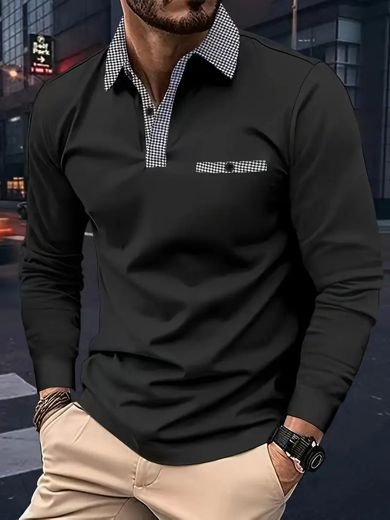 Poloshirt homme manches longues bleu marine, style classique, col polo élégant, idéal pour mi-saison et confort optimal.