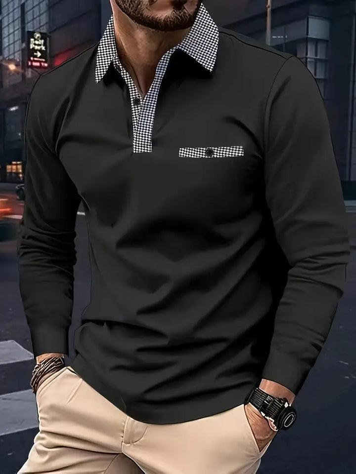 Poloshirt homme manches longues bleu marine, style classique, col polo élégant, idéal pour mi-saison et confort optimal.