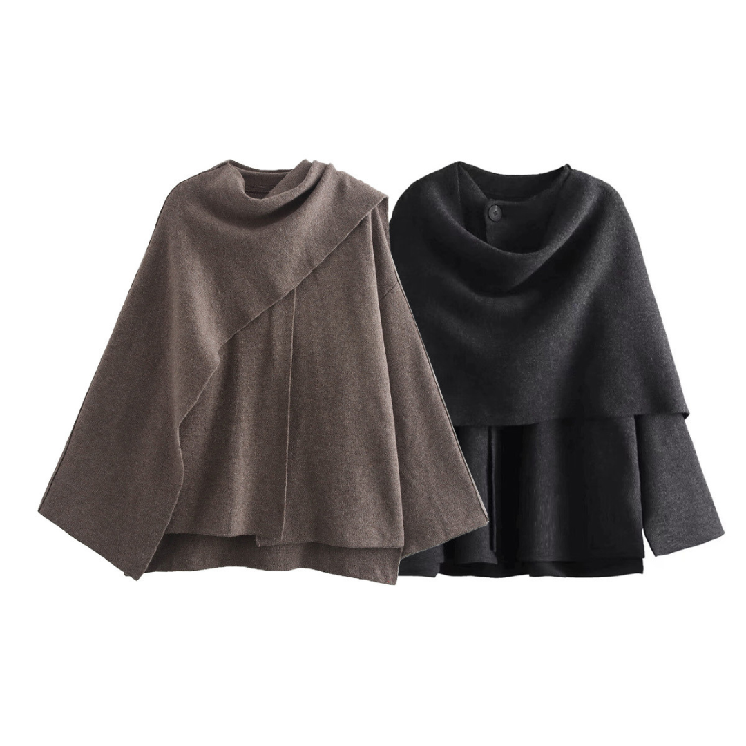 "Poncho femme en laine gris foncé avec design asymétrique, élégant et chaud, idéal pour l'hiver, vue complète."