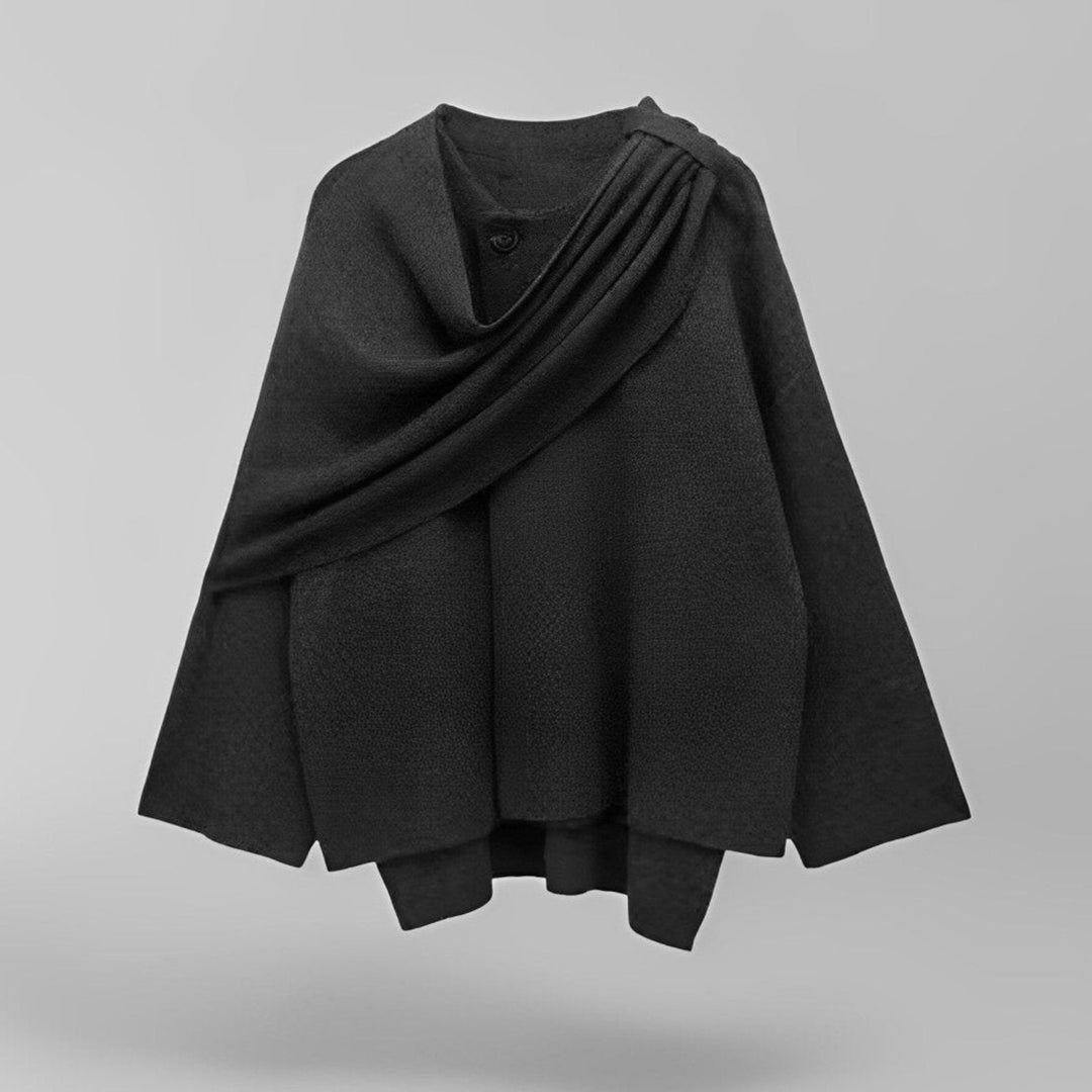 "Poncho femme en laine gris foncé avec design asymétrique, élégant et chaud, idéal pour l'hiver, vue complète."