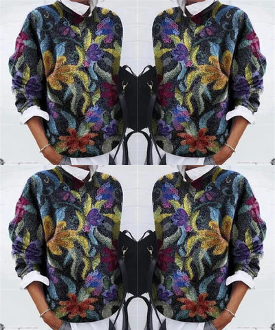 "Pull chic naturel avec motif floral délicat, coton mélangé, coupe flatteuse, idéal pour élégance quotidienne féminine."