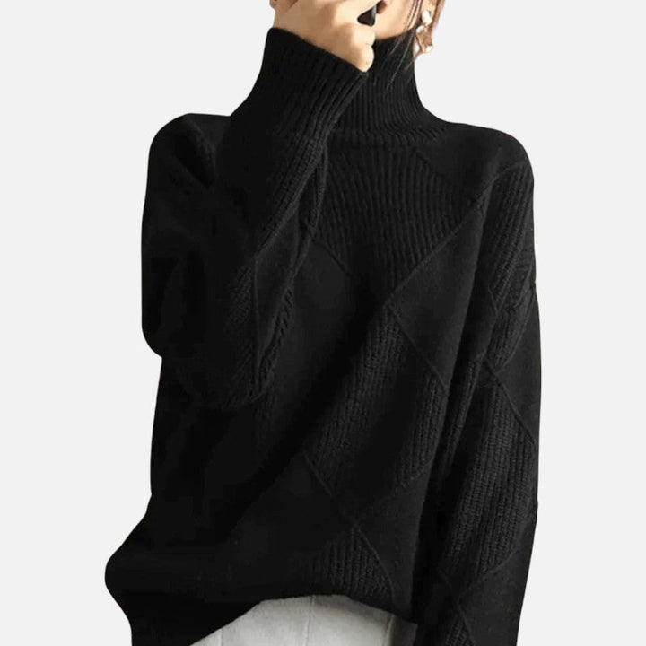 "Pull en cachemire col roulé, motifs losanges, luxe chic, touche soyeuse, idéal temps frais, coupe ample et chaude, homme."