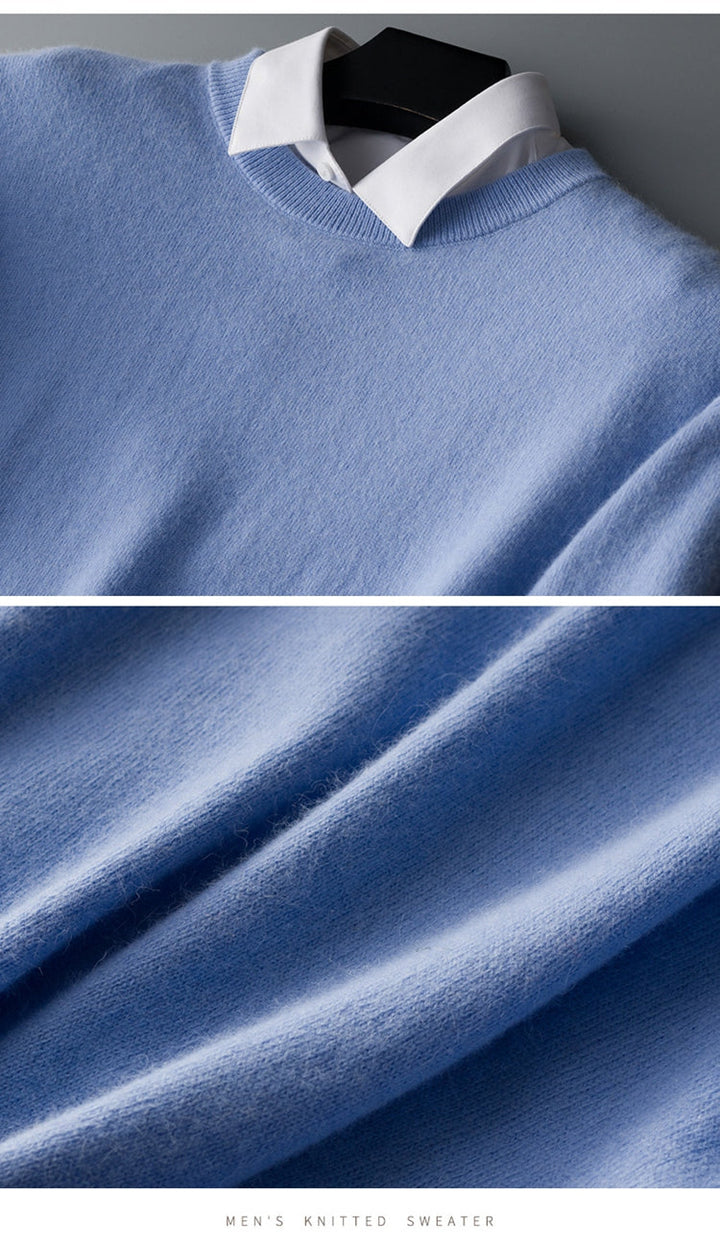 Pull en cachemire pour homme, couleur unie, texture douce, col rond, manches longues, élégance et confort haut de gamme.