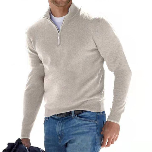 Pull en mérinos masculin, col V avec zip, élégant, doux, confortable, idéal pour un look sophistiqué et décontracté.