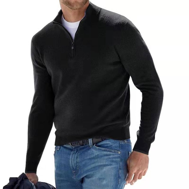 Pull en mérinos masculin, col V avec zip, élégant, doux, confortable, idéal pour un look sophistiqué et décontracté.