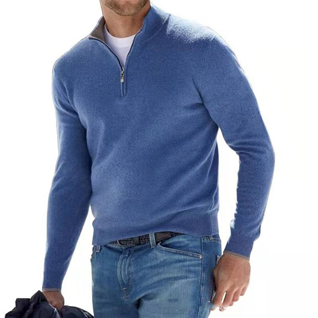 Pull en mérinos masculin, col V avec zip, élégant, doux, confortable, idéal pour un look sophistiqué et décontracté.