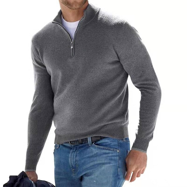 Pull en mérinos masculin, col V avec zip, élégant, doux, confortable, idéal pour un look sophistiqué et décontracté.