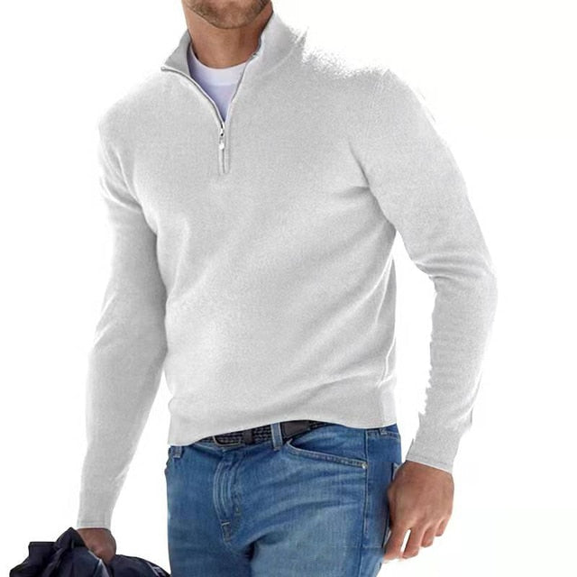 Pull en mérinos masculin, col V avec zip, élégant, doux, confortable, idéal pour un look sophistiqué et décontracté.
