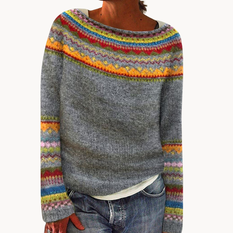 "Pull femme coloré en maille douce, manches longues, coupe confortable, motif multicolore, idéal pour l'automne-hiver."