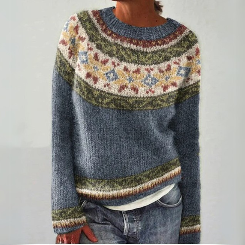 "Pull femme coloré en maille douce, manches longues, coupe confortable, motif multicolore, idéal pour l'automne-hiver."