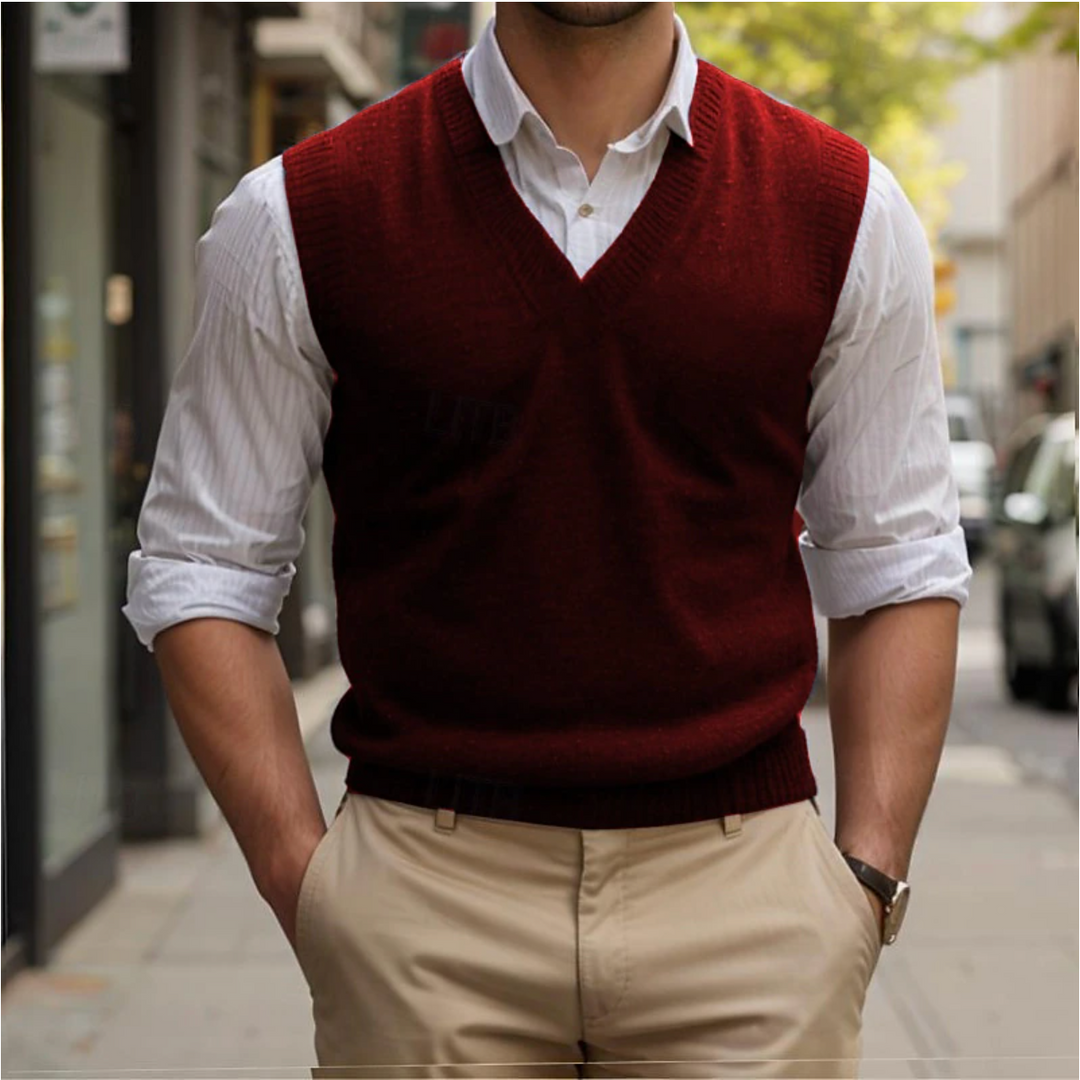 Pull sans manches col V, style vintage, coupe ajustée, couleur bleue, confortable et élégant pour homme.