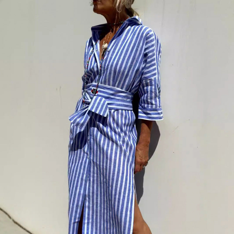 Robe chemise femme en coton léger, manches longues, coupe décontractée, élégante et idéale pour diverses occasions.