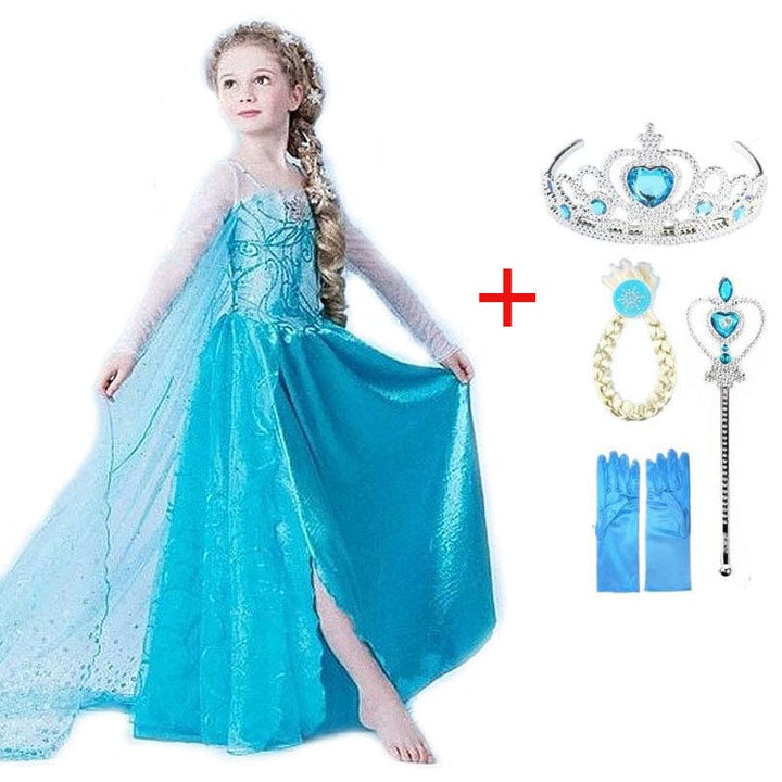"Robe Elsa bleue glacée pour filles, avec accessoires, idéale pour déguisement Reine des Neiges et occasions spéciales."