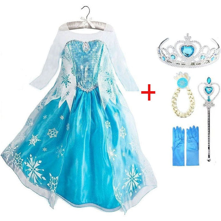 "Robe Elsa bleue glacée pour filles, avec accessoires, idéale pour déguisement Reine des Neiges et occasions spéciales."
