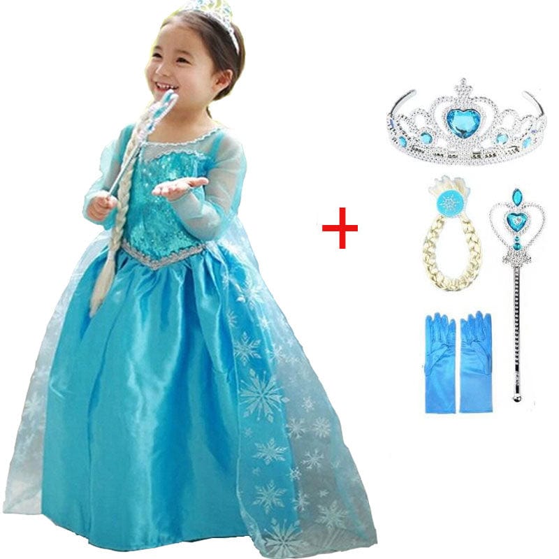 "Robe Elsa bleue glacée pour filles, avec accessoires, idéale pour déguisement Reine des Neiges et occasions spéciales."