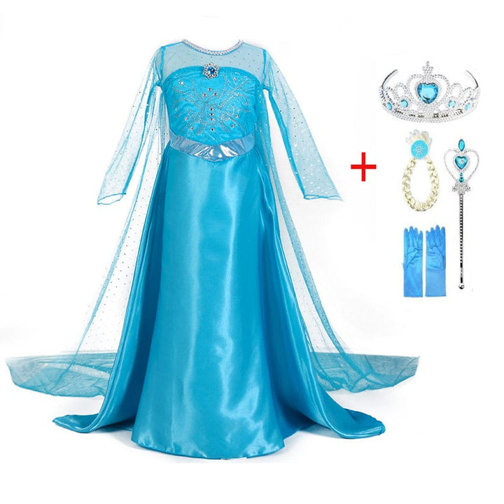 "Robe Elsa bleue glacée pour filles, avec accessoires, idéale pour déguisement Reine des Neiges et occasions spéciales."