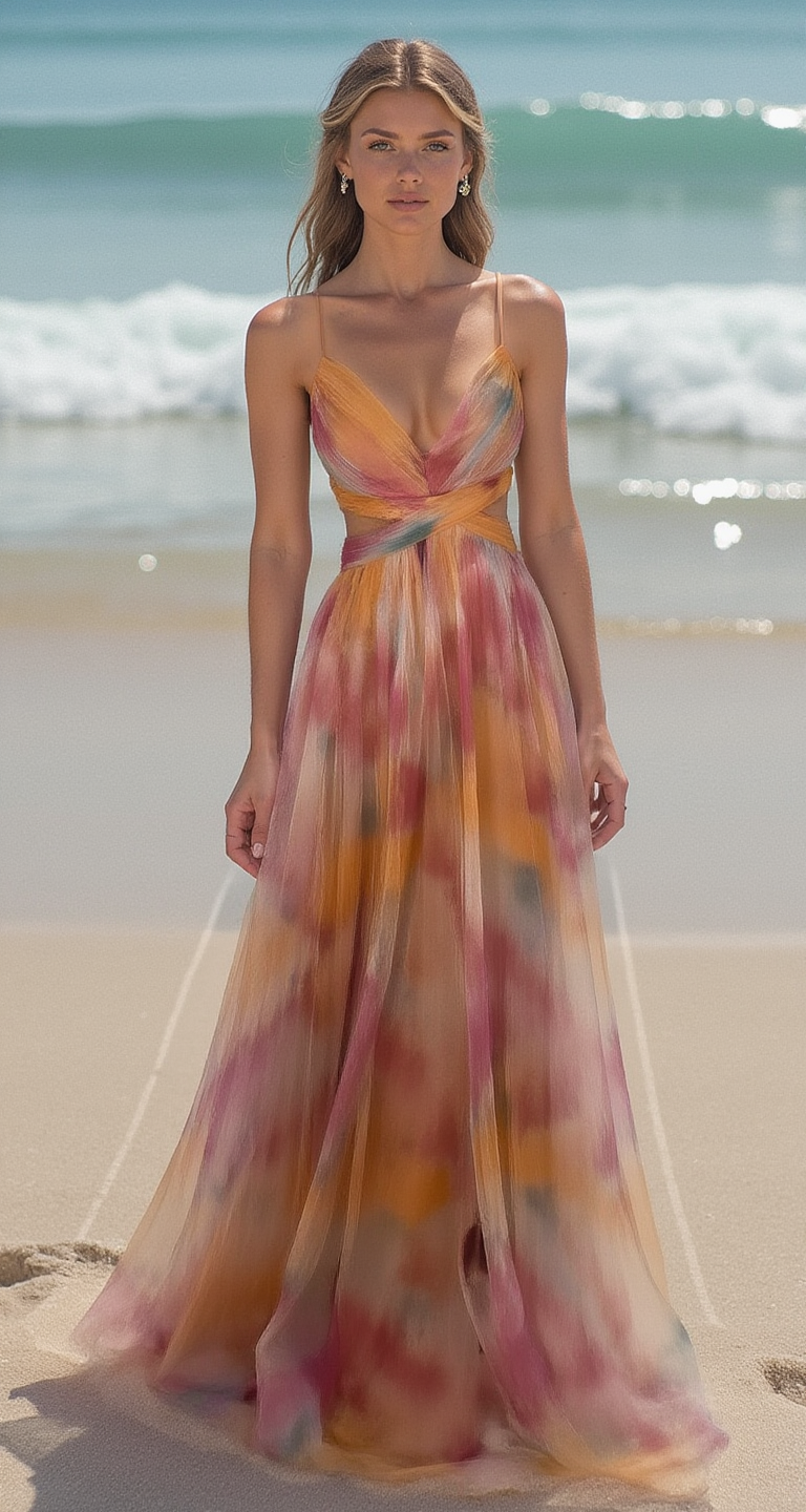 Robe longue élégante avec imprimé chic et laçage ajustable, silhouette fluide et raffinée pour occasions spéciales.