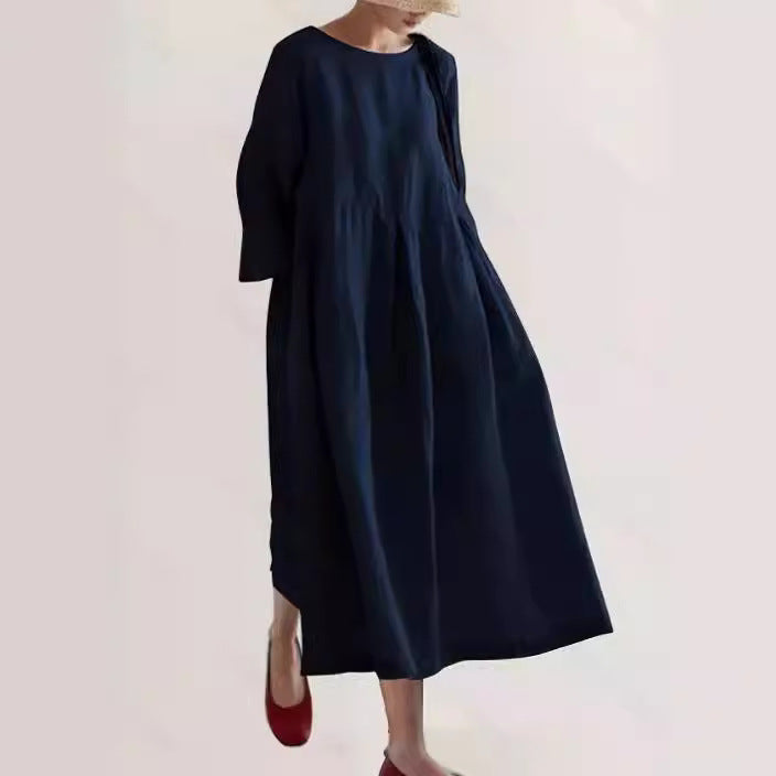 "Robe longue en lin beige, coupe ample idéale pour été, style décontracté et élégant avec manches 3/4, parfait pour femmes."