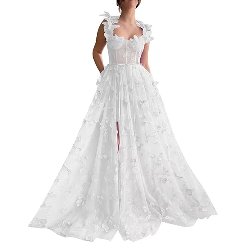 "Robe longue en tulle à volants, style raffiné et féminin, idéale pour mariages et occasions spéciales, couleur pastel."