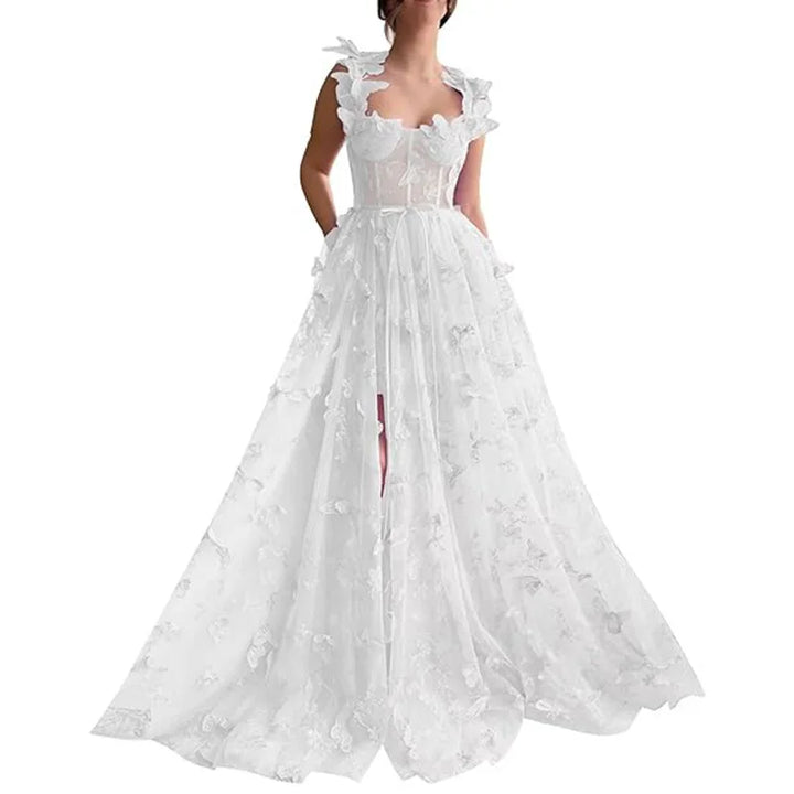 "Robe longue en tulle à volants, style raffiné et féminin, idéale pour mariages et occasions spéciales, couleur pastel."