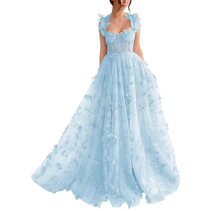 "Robe longue en tulle à volants, style raffiné et féminin, idéale pour mariages et occasions spéciales, couleur pastel."