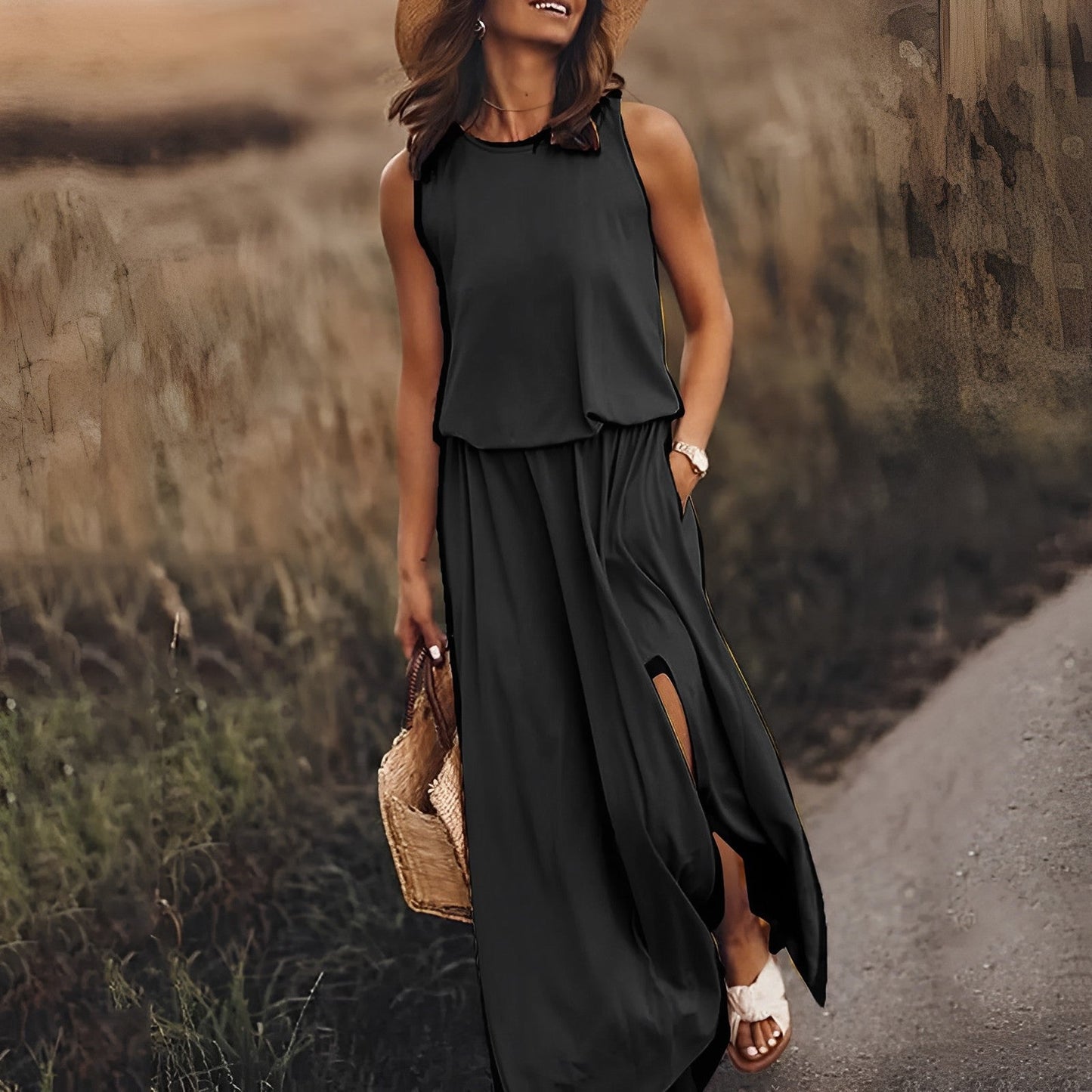 "Robe maxi JONNA sans manches, élégante et colorée, style rétro, tissu léger et fluide pour un look sophistiqué."