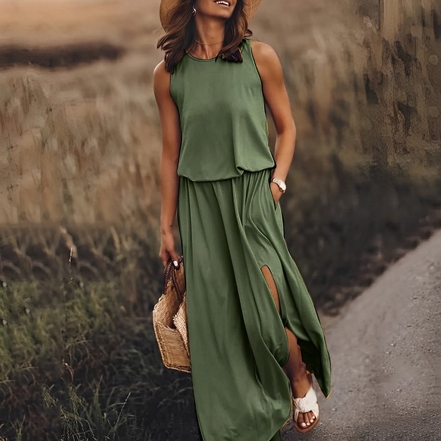 "Robe maxi JONNA sans manches, élégante et colorée, style rétro, tissu léger et fluide pour un look sophistiqué."