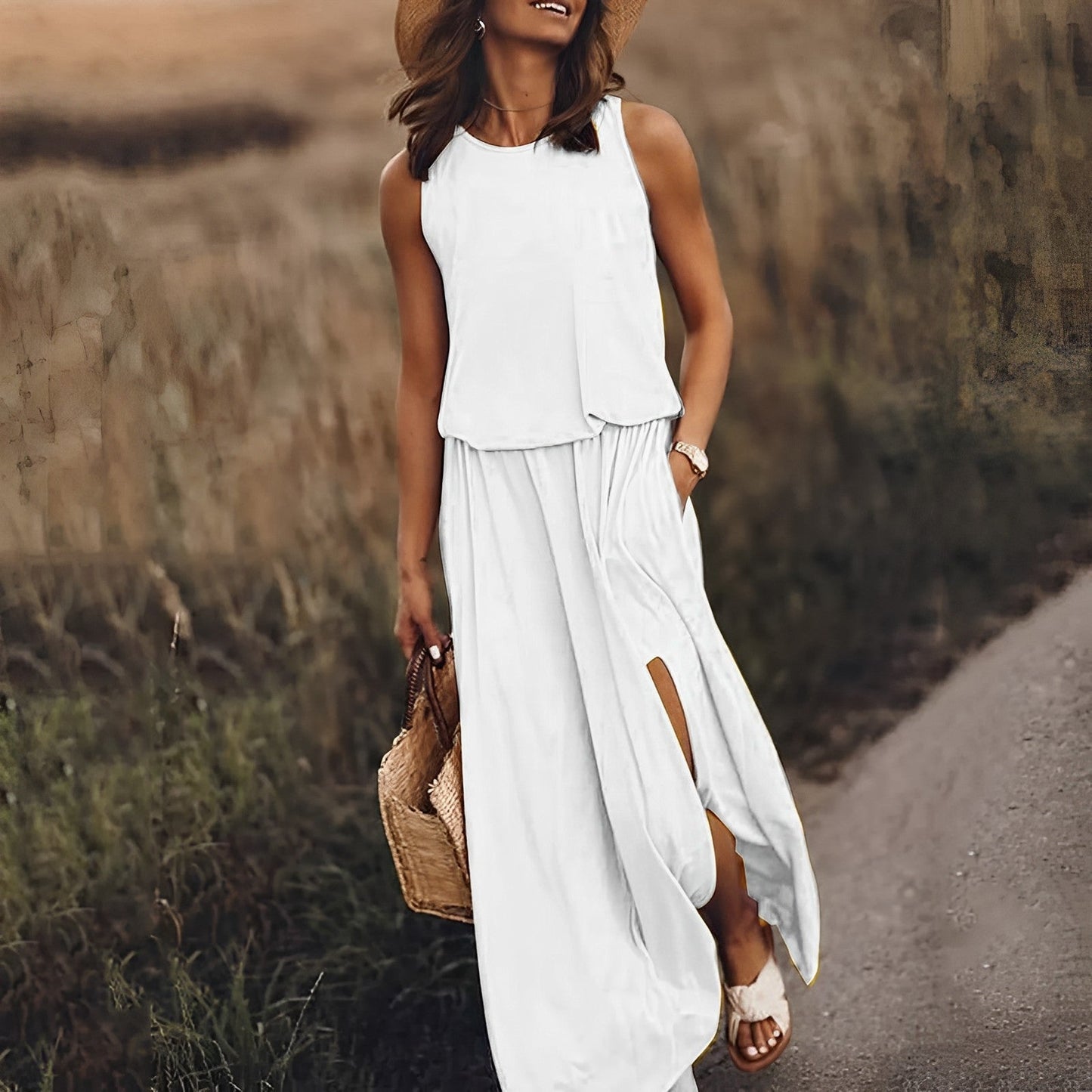 "Robe maxi JONNA sans manches, élégante et colorée, style rétro, tissu léger et fluide pour un look sophistiqué."
