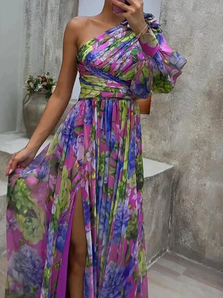 "Robe maxi lilas élégante avec fente, motif imprimé, chic et sexy pour femmes, vue complète"