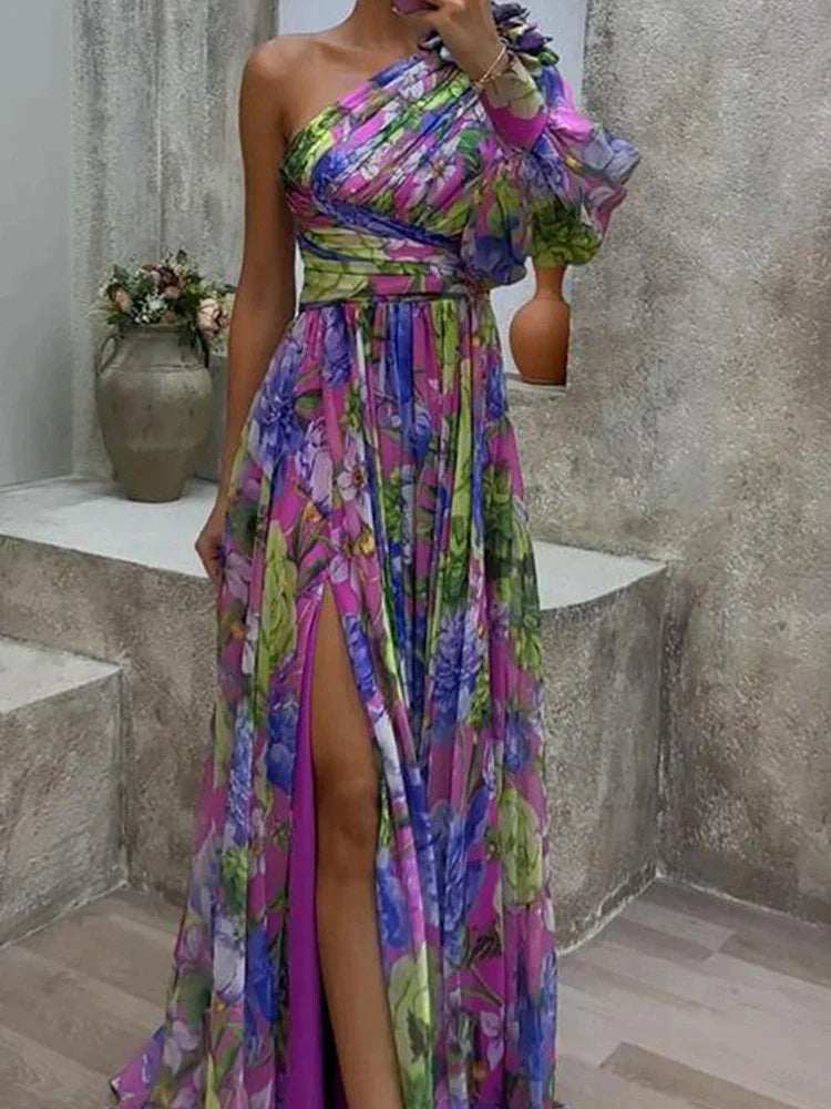 "Robe maxi lilas élégante avec fente, motif imprimé, chic et sexy pour femmes, vue complète"