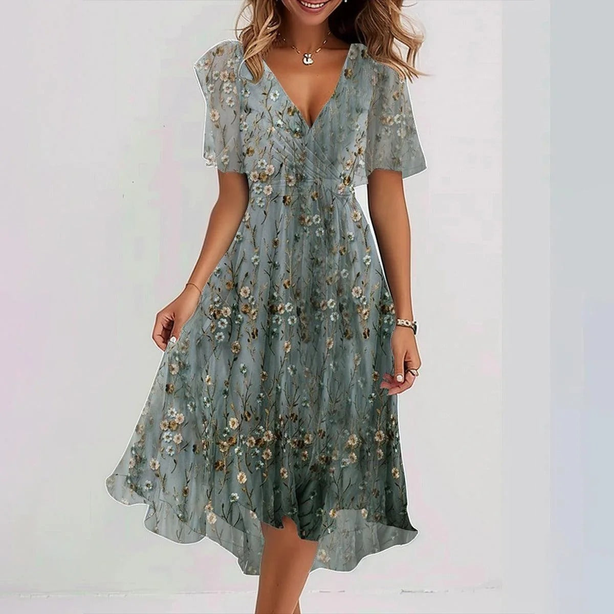 "Robe midi fleurie en chiffon léger, col V plongeant, motifs floraux délicats, idéale pour été."