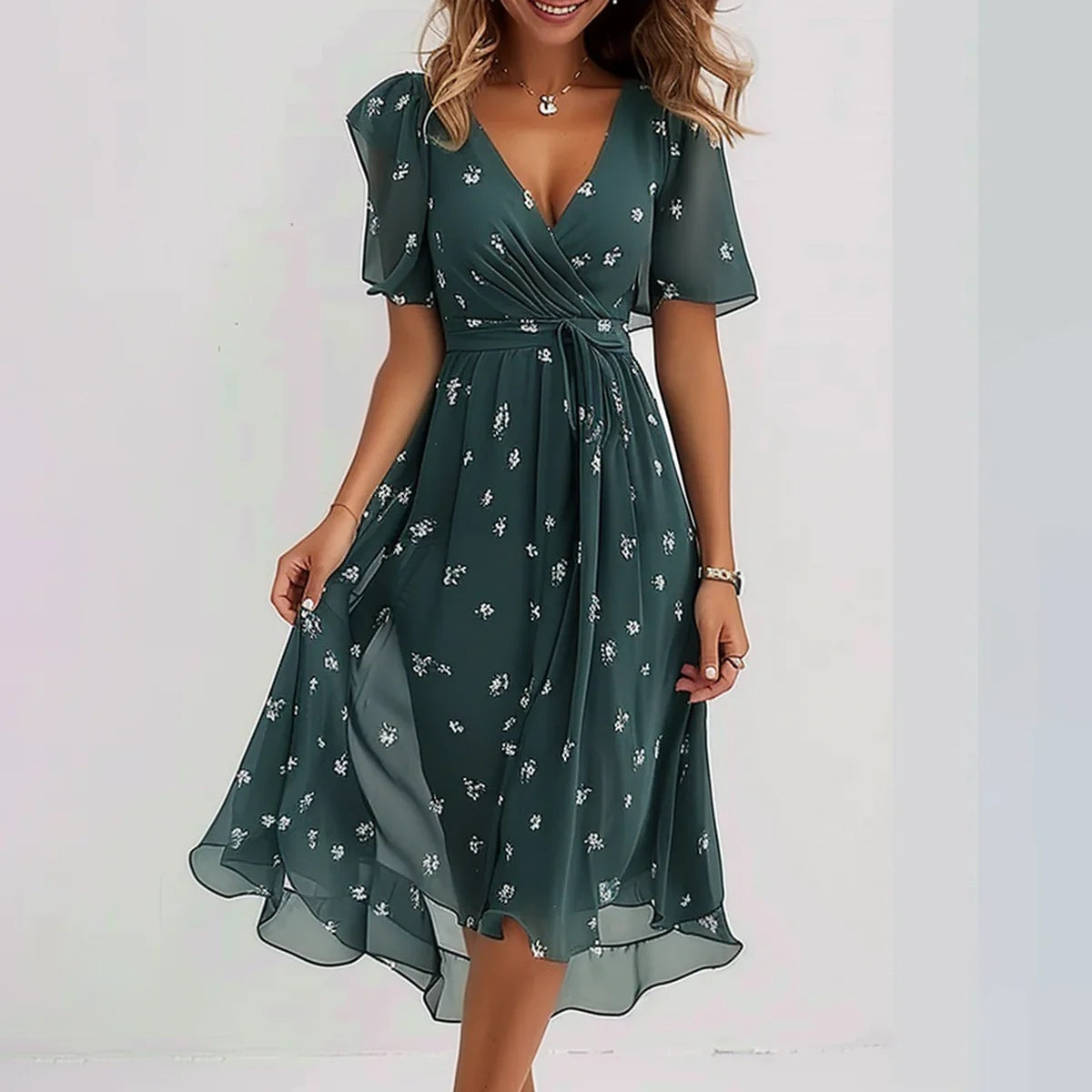 "Robe midi fleurie en chiffon léger, col V plongeant, motifs floraux délicats, idéale pour été."