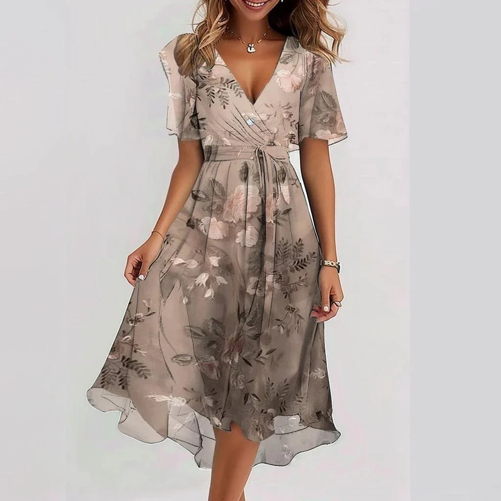 "Robe midi fleurie en chiffon léger, col V plongeant, motifs floraux délicats, idéale pour été."